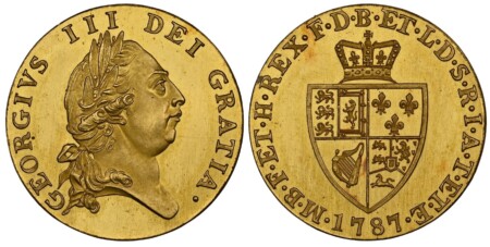 GEORGIVS III DEI GRATIA ·. Fifth laureate head, right / F · D · B · ET · L · D · S · R · I · A · T · ET · E · - M · B · F · ET · H · REX ·. Crowned 4-fold spade arms. KM 608. Proof; SCBC-3735; WR 130; ESG-828 (Bull); Fr.-362. Superb and exceptional. 66 NGC