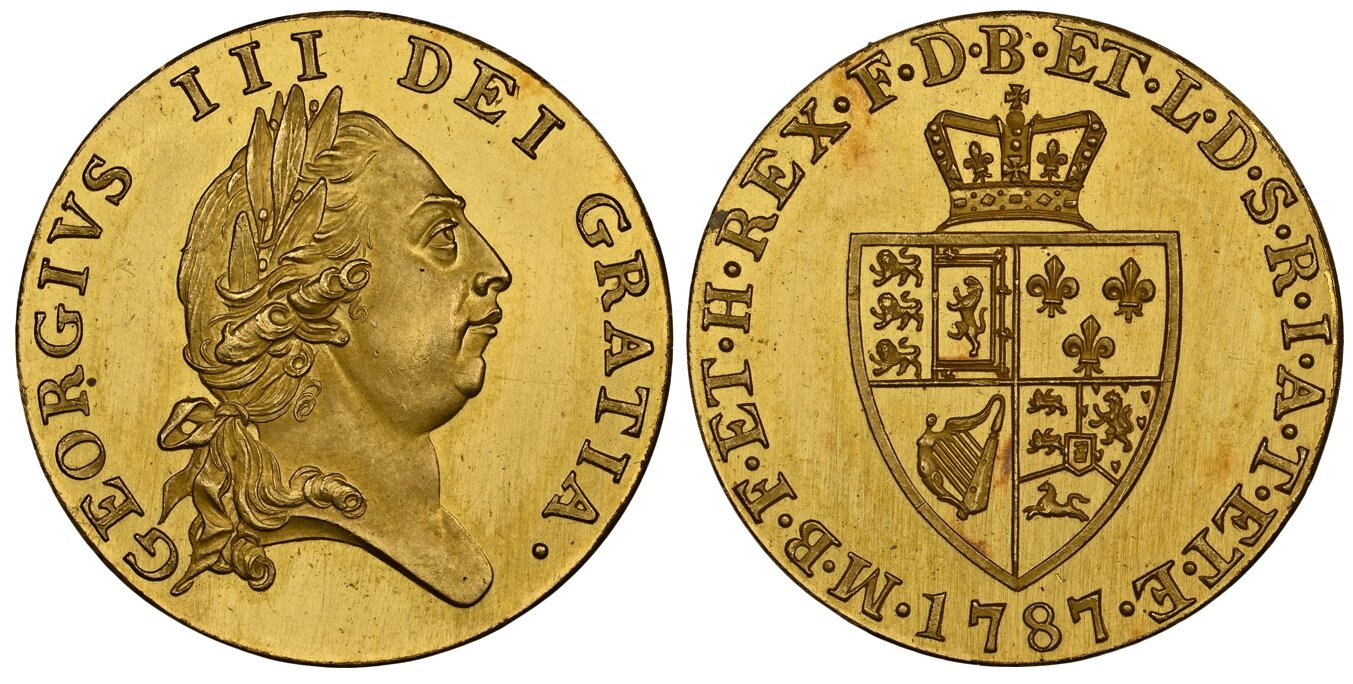 GEORGIVS III DEI GRATIA ·. Fifth laureate head, right / F · D · B · ET · L · D · S · R · I · A · T · ET · E · - M · B · F · ET · H · REX ·. Crowned 4-fold spade arms. KM 608. Proof; SCBC-3735; WR 130; ESG-828 (Bull); Fr.-362. Superb and exceptional. 66 NGC