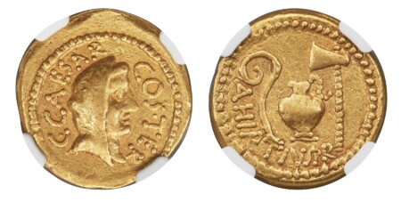 Rome. 8.10gm. C • CAESAR - COS • TER. Veiled head of Vesta, right / A HIRTIVS P R. Lituus, jug, and axe. Calicó 37c; Crawford 466/1; Sydenham 1017-1018; Hirtia 1; Julia 22. Housed in an NGC holder noting the Twelve Caesars. 60 NGC