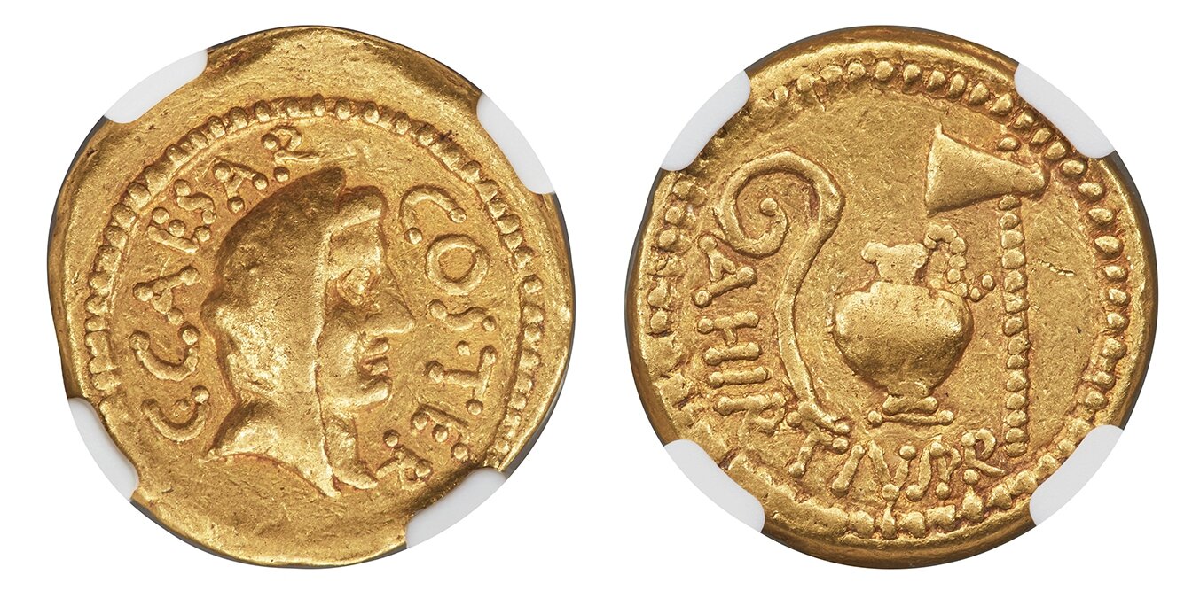 Rome. 8.10gm. C • CAESAR - COS • TER. Veiled head of Vesta, right / A HIRTIVS P R. Lituus, jug, and axe. Calicó 37c; Crawford 466/1; Sydenham 1017-1018; Hirtia 1; Julia 22. Housed in an NGC holder noting the Twelve Caesars. 60 NGC