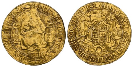 .London (Tower) mint. 15.10gm. ELIZABETH • D .' G .' ANG .'FRA .' ET • HIB •' REGINA • (mm). The Queen seated on a large throne, facing; a lis atop pillars to either side, throne back of pellets in hatching, five small pellets up each side of throne back, 40 NGC
