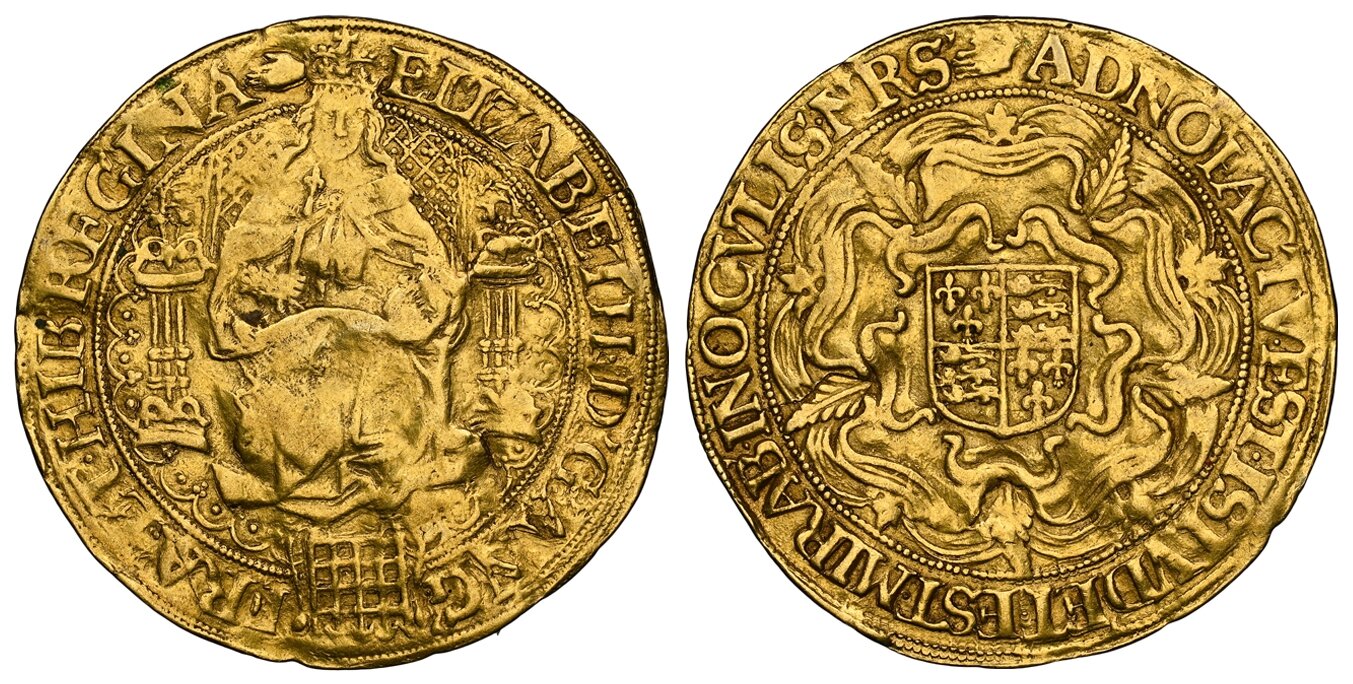 .London (Tower) mint. 15.10gm. ELIZABETH • D .' G .' ANG .'FRA .' ET • HIB •' REGINA • (mm). The Queen seated on a large throne, facing; a lis atop pillars to either side, throne back of pellets in hatching, five small pellets up each side of throne back, 40 NGC