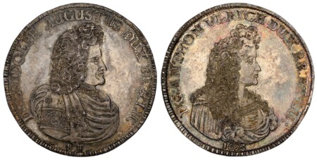 GERMAN STATES. Brunswick-Wolfenbuttel. Rudolf August & Anton Ulrich. (1685-1704). 1693 RB AR Thaler. NGC MS65. 45.5mm. 29.20gm. D: G: RUDOLPH AUGUSTUS DUX BR: & LU:. Bust drapped and armored right / D: G: ANTHON VLRICH DUX BR: ET: LU:. Bust drapped right. 65 NGC