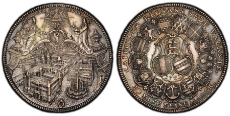 GERMAN STATES. Eichstatt. 1781 KR/OE AR Thaler. PCGS MS61. CAPITULUM REGNANS SEDE VACANTE., 10 EINE FEINE MARCK. below. 13 oval arms form circle with 3 shields of arms and date within ornate frame at center / HAC SUB TUTELA. City view. KM 90; Dav.-2210; C 61 PCGS