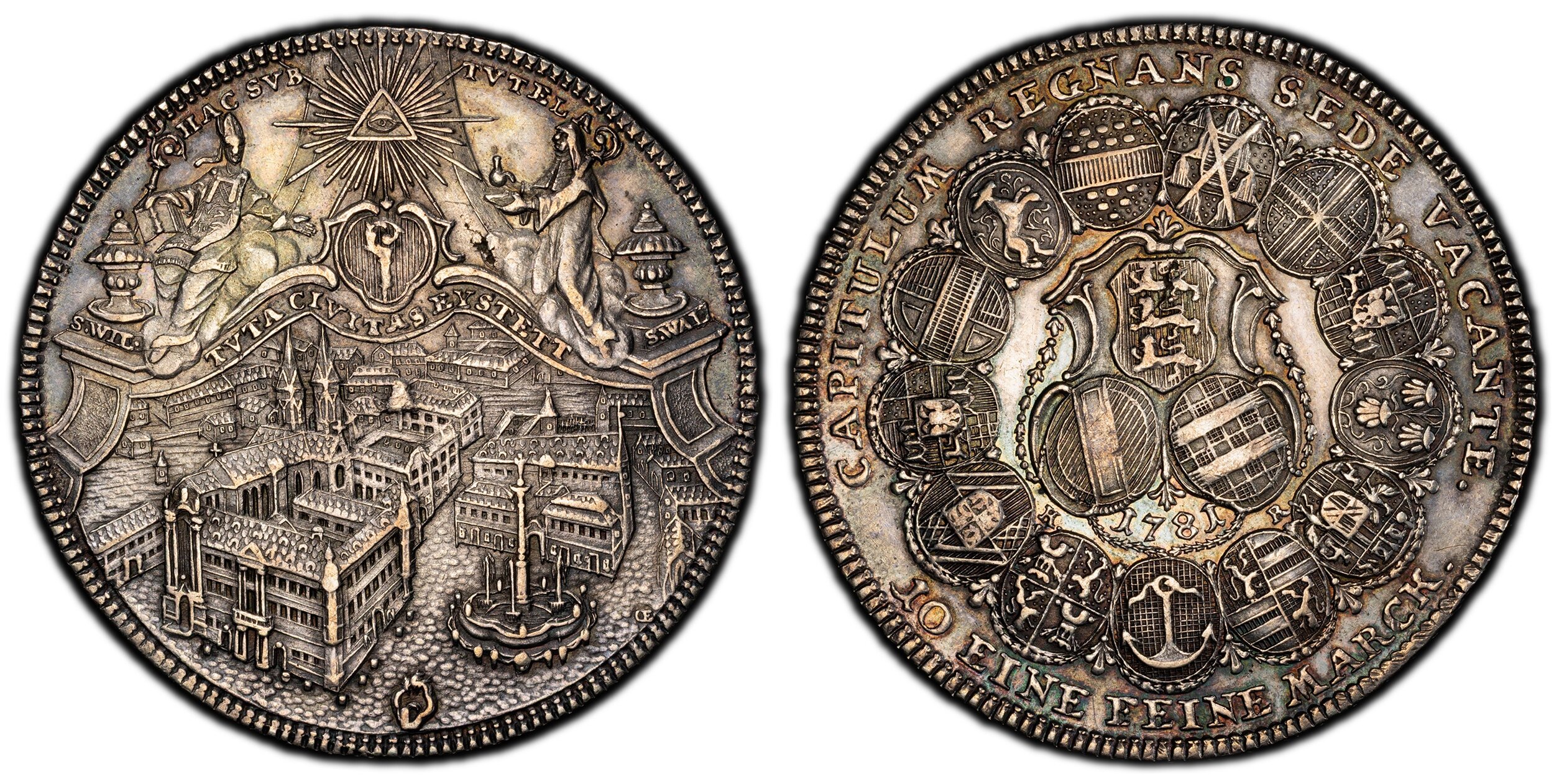 GERMAN STATES. Eichstatt. 1781 KR/OE AR Thaler. PCGS MS61. CAPITULUM REGNANS SEDE VACANTE., 10 EINE FEINE MARCK. below. 13 oval arms form circle with 3 shields of arms and date within ornate frame at center / HAC SUB TUTELA. City view. KM 90; Dav.-2210; C 61 PCGS