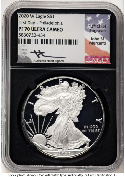 2020-W Proof Silver Eagle 1 oz FDI John Mercanti Philadelphia Blk Core 70 NGC