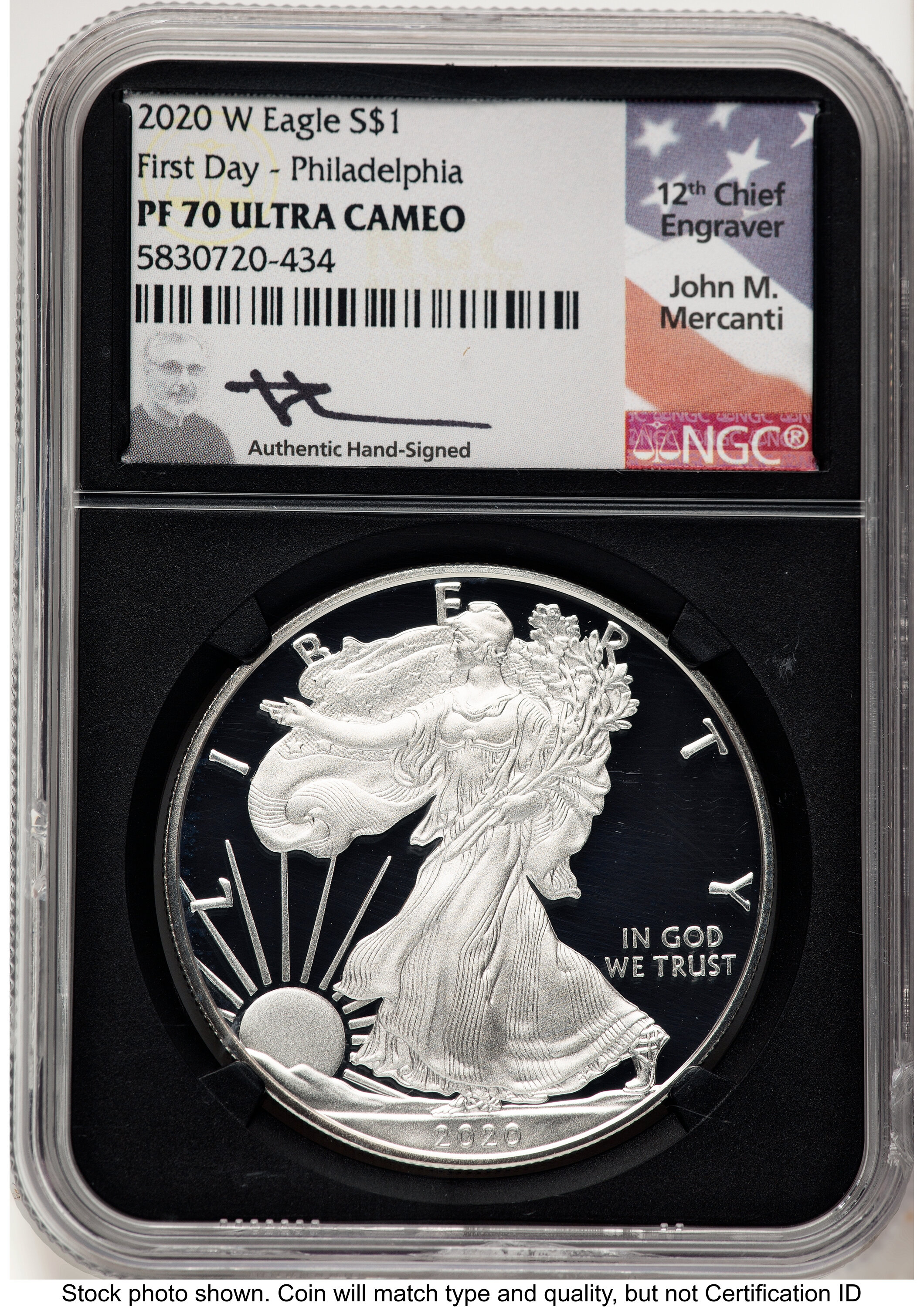 2020-W Proof Silver Eagle 1 oz FDI John Mercanti Philadelphia Blk Core 70 NGC