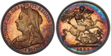Edge: DECVS ET TVTAMEN ANNO REGNI. VICTORIA · DEI · GRA · BRITT · REGINA · FID · DEF · IND · IMP. Mature draped bust left / St. George slaying dragon right. KM 783. Proof; SCBC-3937; Dav.-108. From a reported mintage of just 1,312 pieces. 65 PCGS