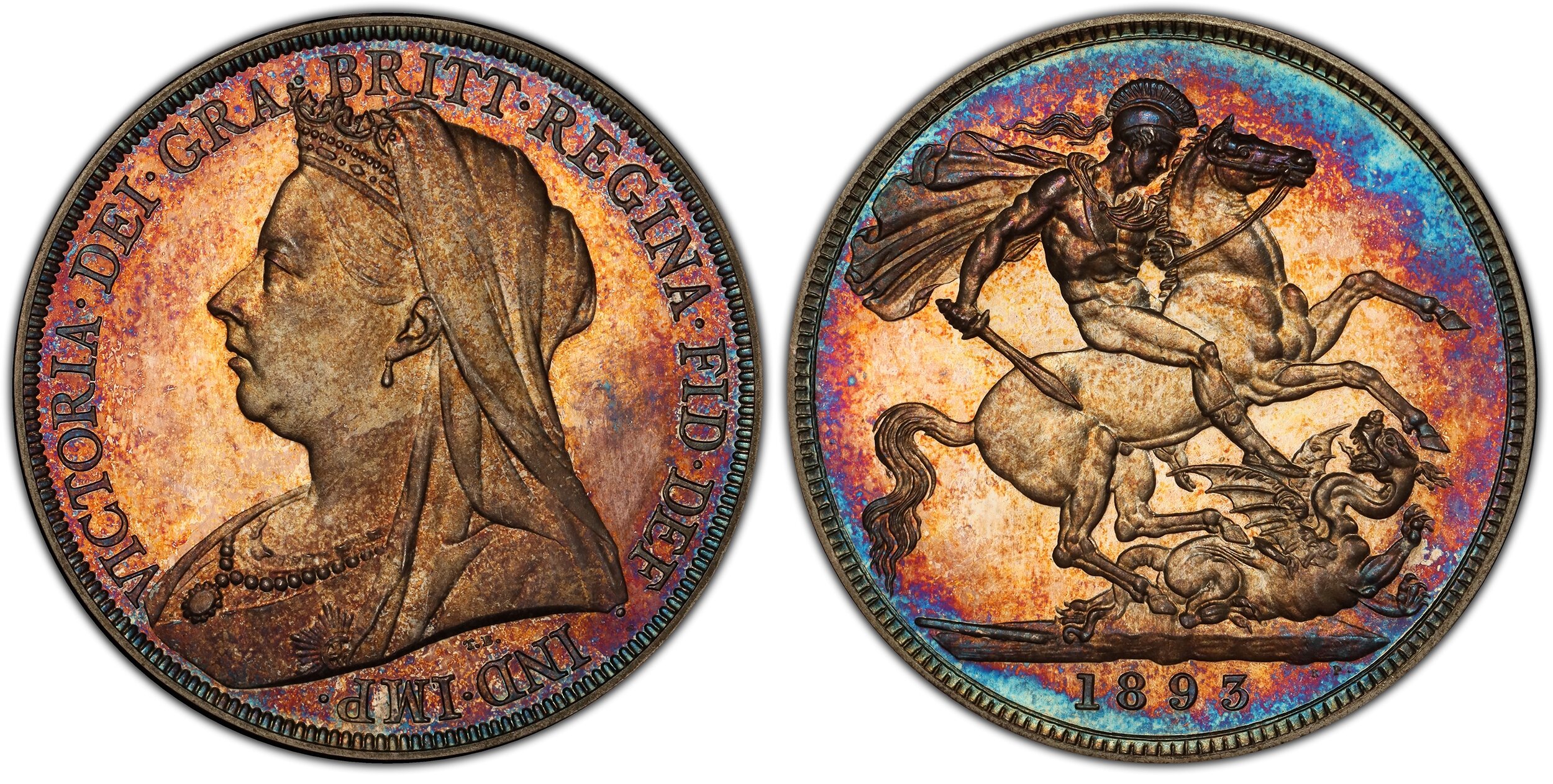 Edge: DECVS ET TVTAMEN ANNO REGNI. VICTORIA · DEI · GRA · BRITT · REGINA · FID · DEF · IND · IMP. Mature draped bust left / St. George slaying dragon right. KM 783. Proof; SCBC-3937; Dav.-108. From a reported mintage of just 1,312 pieces. 65 PCGS