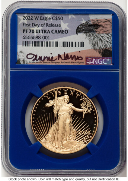 2022-W Proof Gold Eagle 1 oz FDR Jennie Norris Blue Core 70 NGC