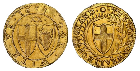 London. THE COMMONWEALTH OF ENGLAND. Shield with St. George's cross within wreath / GOD · WITH · VS · (date). • XX • (value) above two shields bearing, St. George's cross and the Irish harp. KM 395.1; SCBC-3208; North 2715; EGC-10; Fr.-269. 15 laurel leav 55 NGC