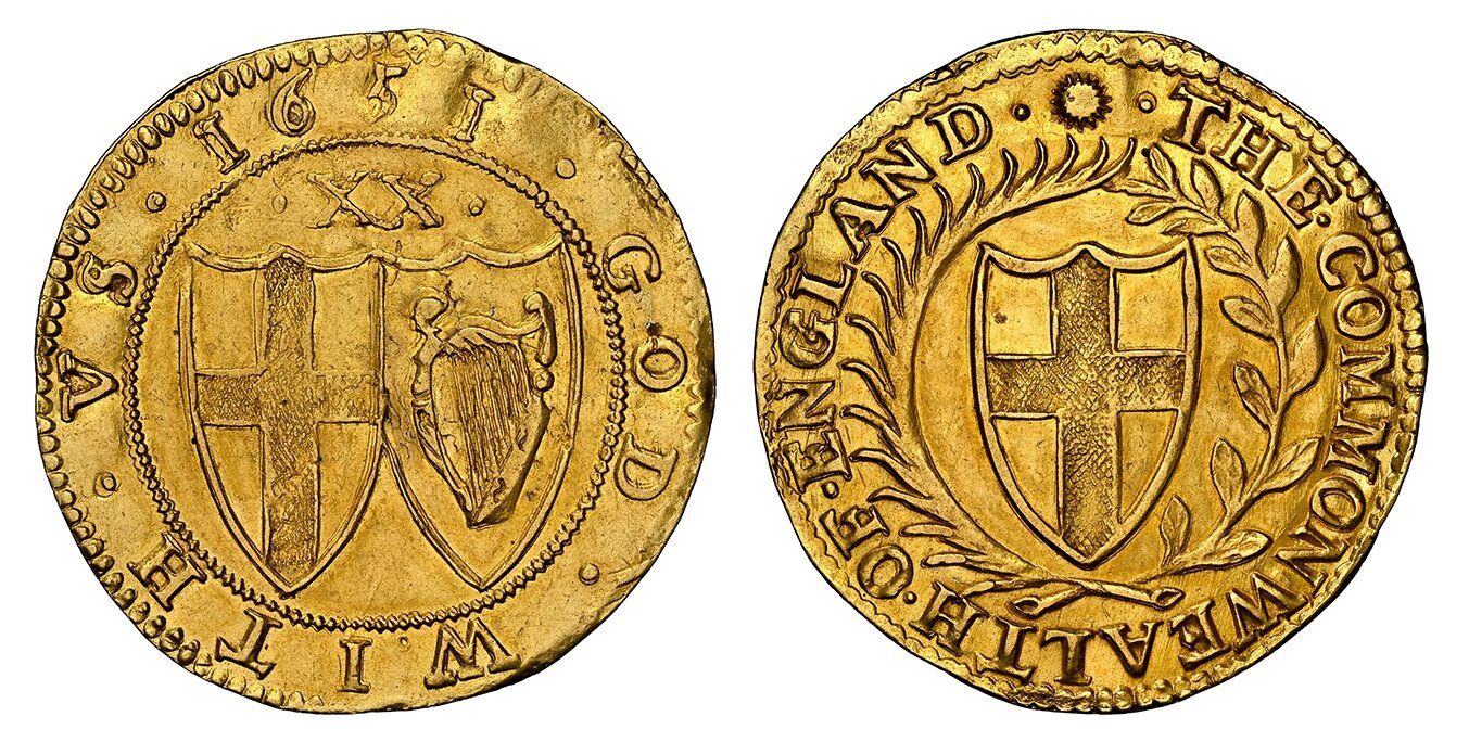 London. THE COMMONWEALTH OF ENGLAND. Shield with St. George's cross within wreath / GOD · WITH · VS · (date). • XX • (value) above two shields bearing, St. George's cross and the Irish harp. KM 395.1; SCBC-3208; North 2715; EGC-10; Fr.-269. 15 laurel leav 55 NGC