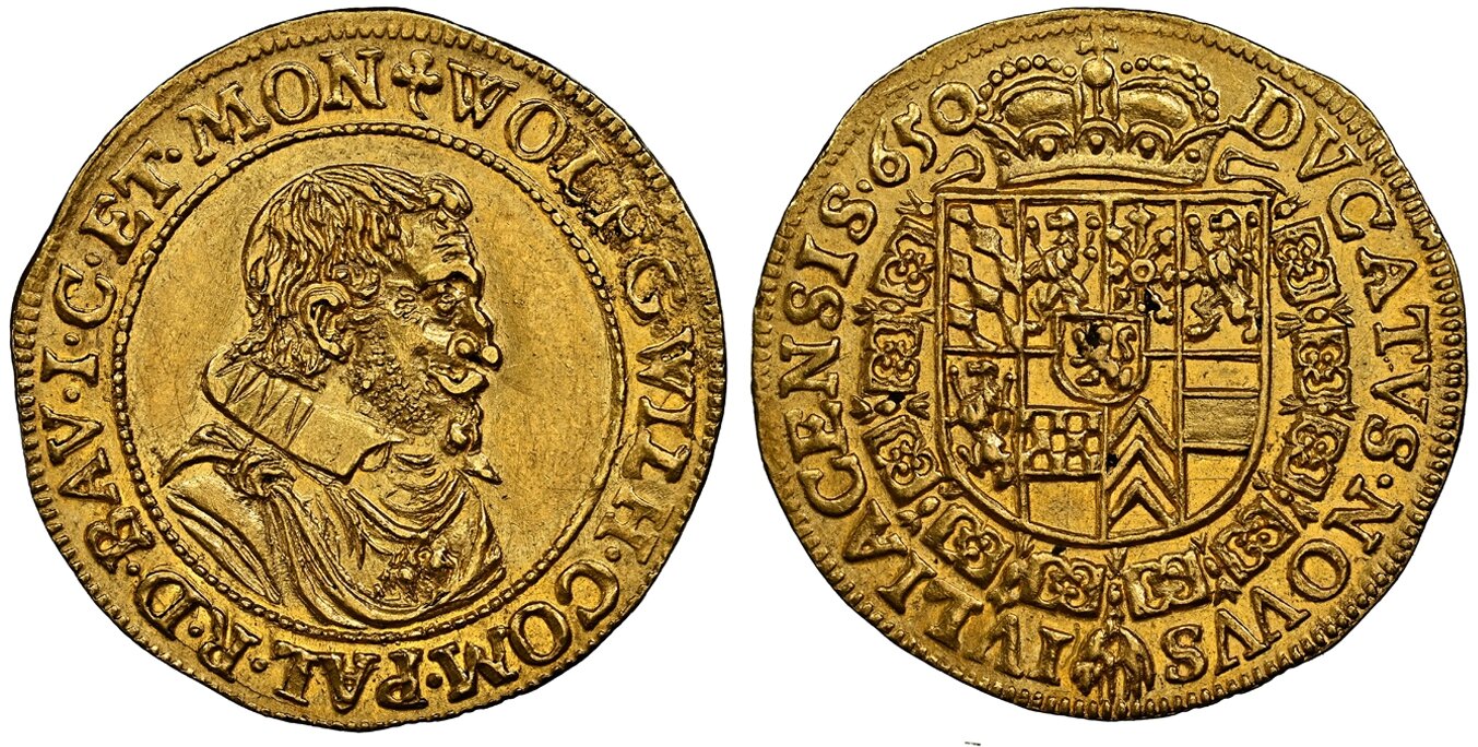 GERMAN STATES. Julich-Berg. Wolfgang Wilhelm. 1650 AV Ducat. NGC MS61. 3.24gm. Bust, right within inner beaded circle; legend around / Crowned shield of arms within order chain; date in legend around. KM 17; Fr.-391. 61 NGC