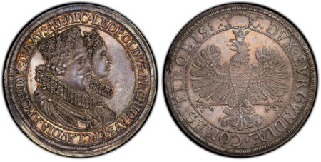 Hall (Tyrol). LEOPOLDVS • ARCHID • AVS • ET • CLAVDIA • ARCHIDVCISA • AVS • MEDIC. Conjoined busts of Leopold and Claudia, right / DVX • BVRGVNDIAE • COMES • TIROLIS:. Crowned eagle within inner circle, legend around. KM 639 (KM 808); Dav.-3331. For the w 62 PCGS