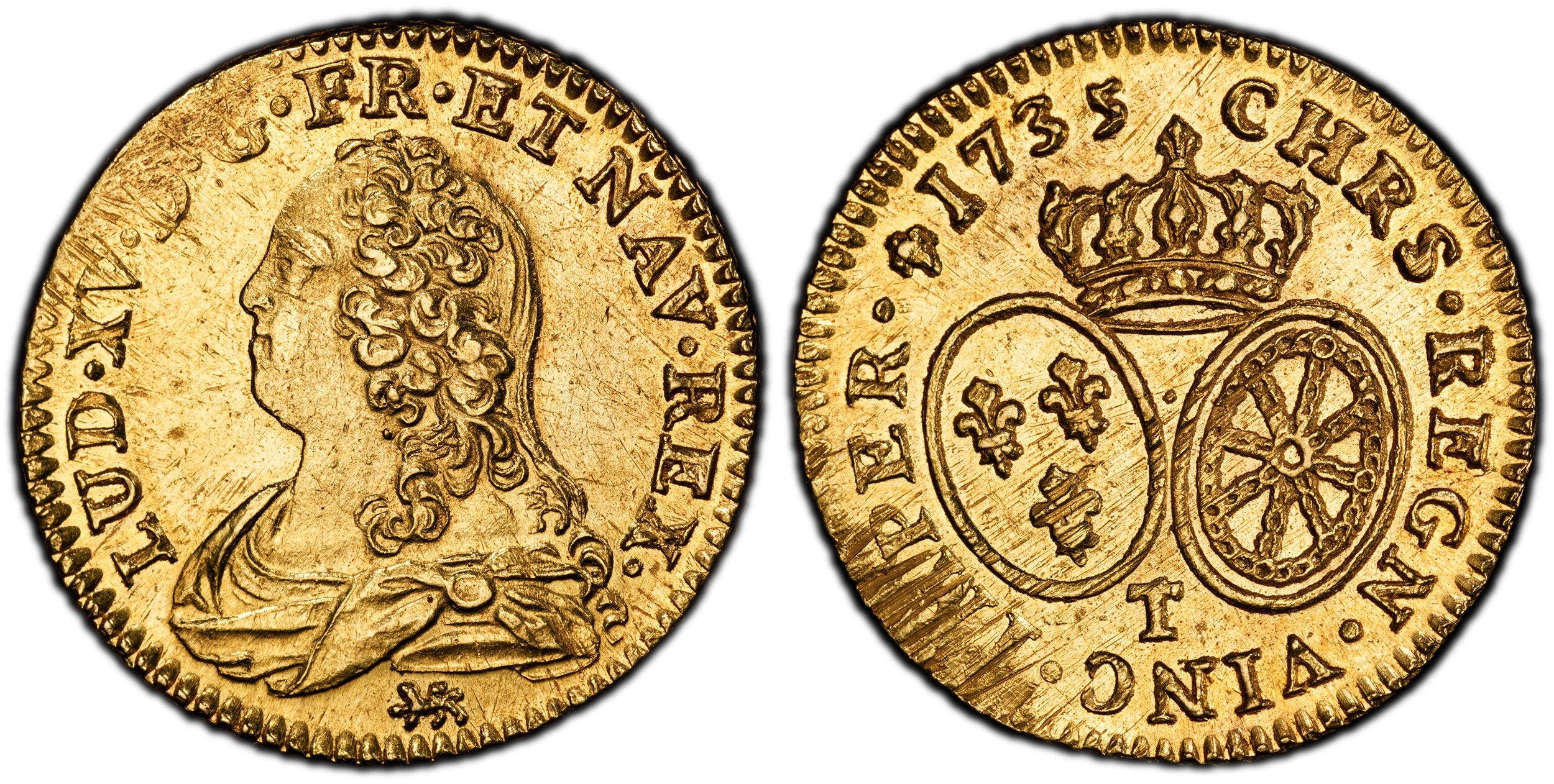 FRANCE. Louis XV. 1735-T AV Louis d'Or. PCGS MS63. Nantes. 8.17gm. LUD · XV · D · G · FR · ET · NAV · REX ·. Draped bust left / CHRS · REGN · VINC · IMPER ·. Crown above arms of France and Navarre. KM 489.2; Gadoury 340. 63 PCGS