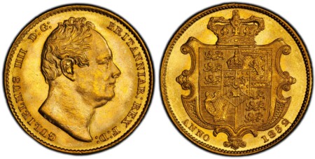 GULIELMUS IIII D:G: BRITANNIAR: REX F:D:. Head right / Crowned arms within cartouche. KM 717; SCBC-3829B; Marsh 17; Fr.-383. Ex Dr. Jacob Y. Terner Collection, Goldberg Auction 46 – The Millennia Collection (26 May 2008) Lot 440. Ex. Heritage World Coin A 65 PCGS