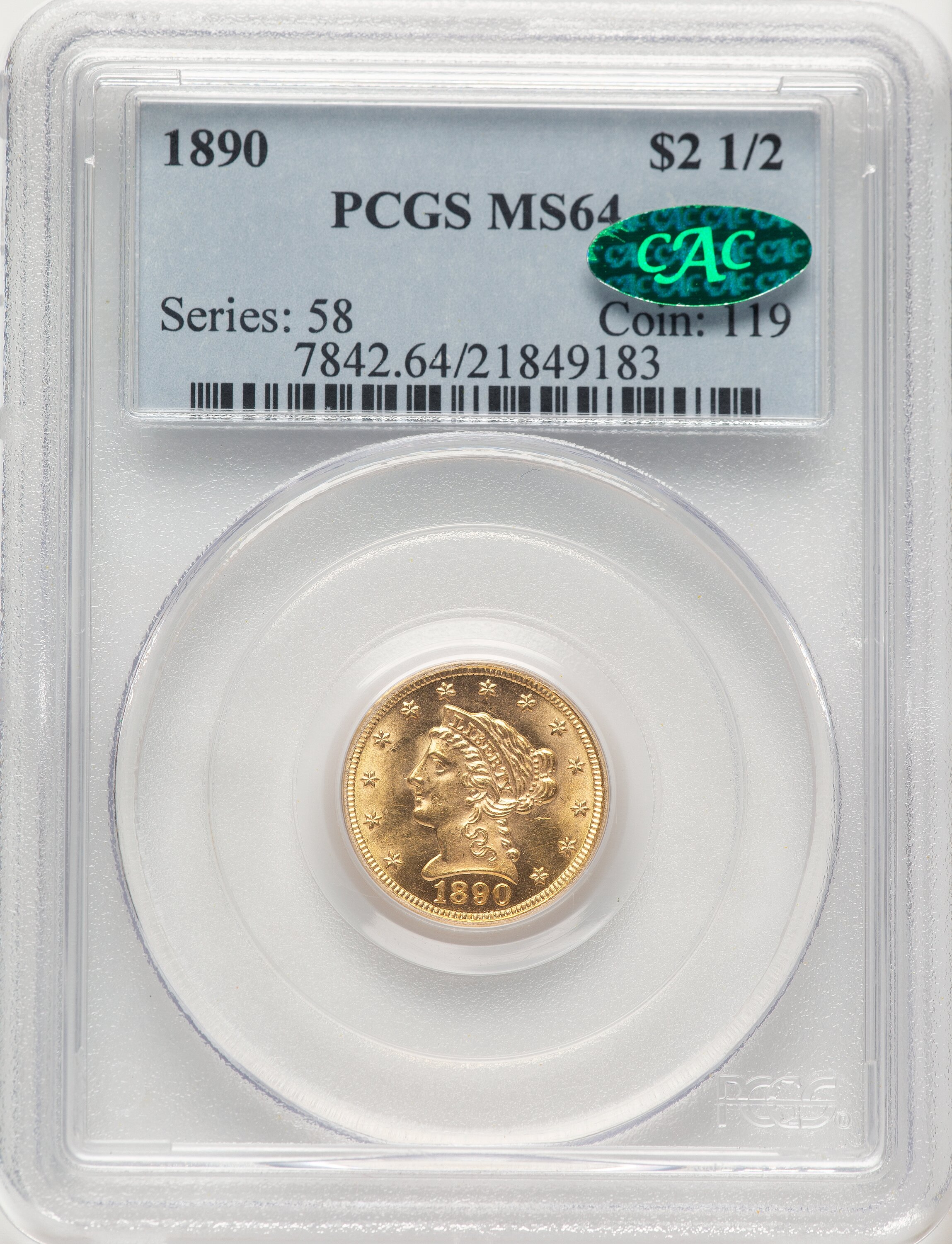 1890 $2 1/2 CAC 64 PCGS