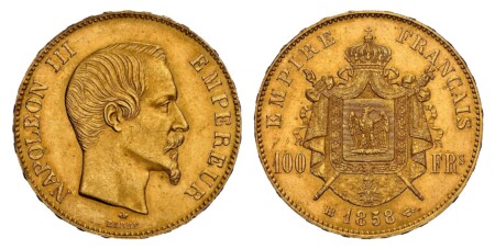 FRANCE. Napoleon III. 1858-BB AV 100 Francs. NGC MS63. Strasbourg. NAPOLEON III EMPEREUR. Head right / EMPIRE FRANCAIS. Crowned and mantled arms divide denomination. KM 786.2; Gadoury 1135; Fr.-570. From a reported mintage of 1,928 pieces struck for this  63 NGC