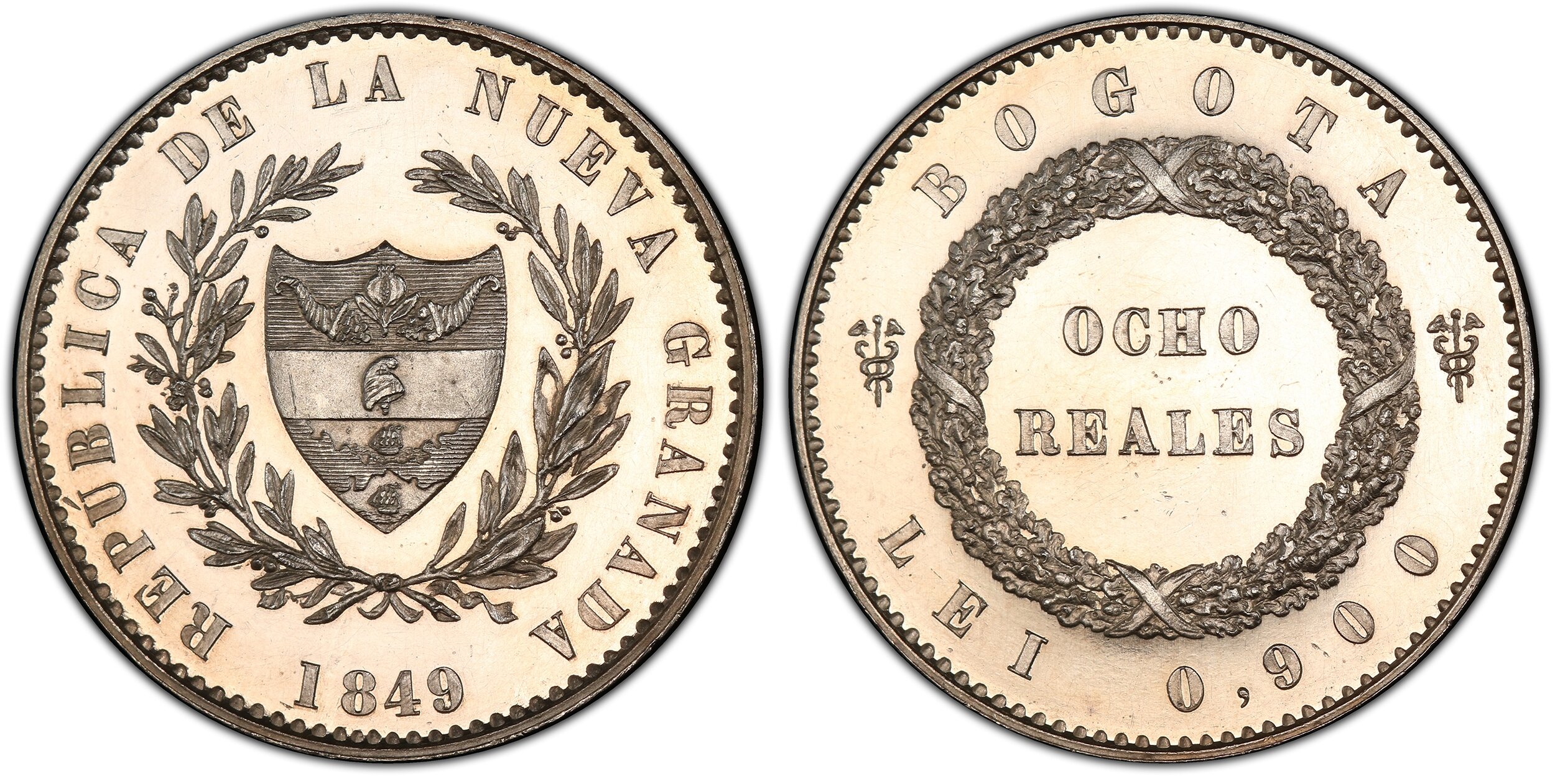 Popayan mint. Edge: Plain. Shield of arms within wreath; date in exergue / Denomination within closed wreath. KM Pn21; Restrepo P62. 62 PCGS