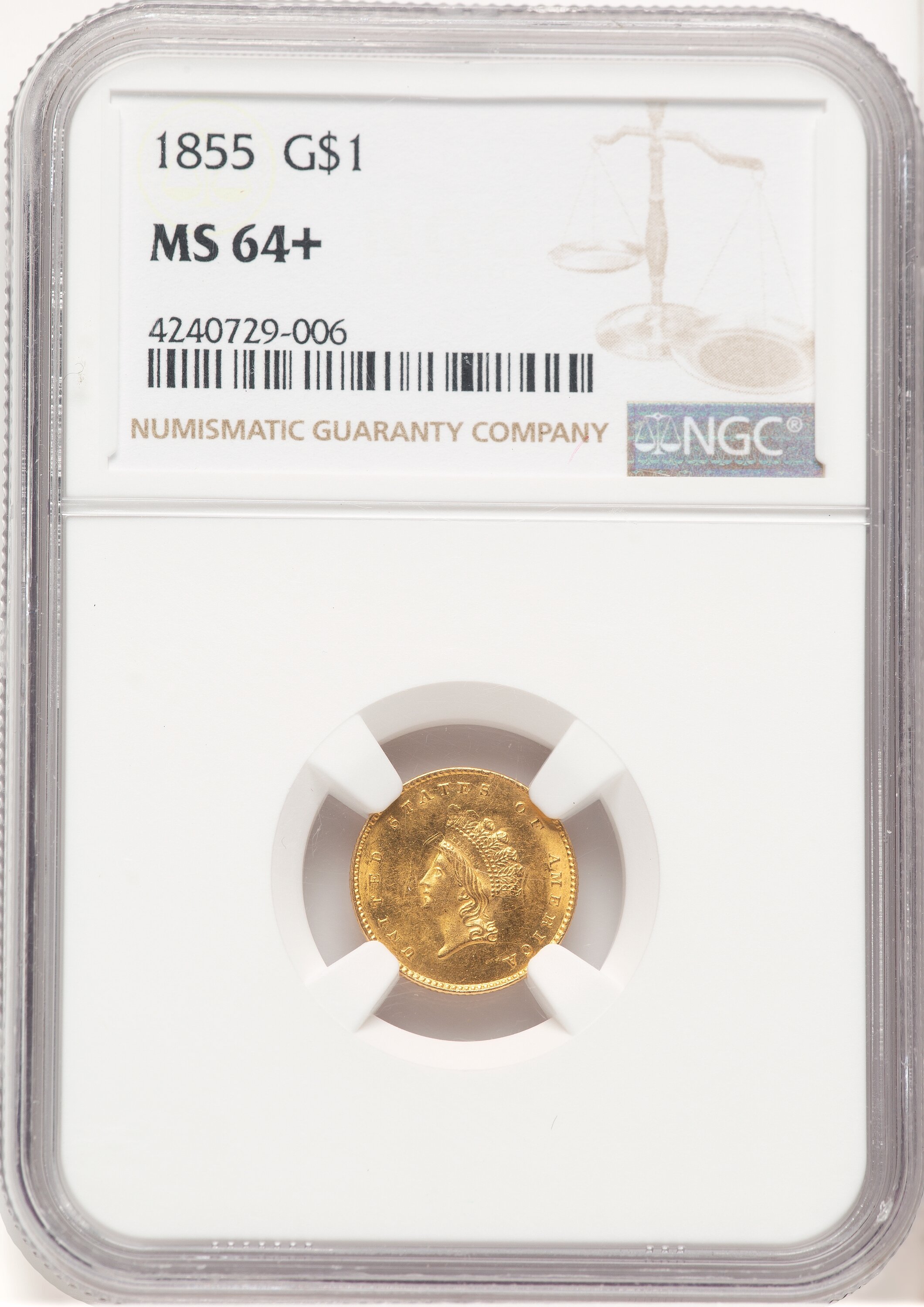 1855 G$1 Type Two, MS NGC Plus 64 NGC