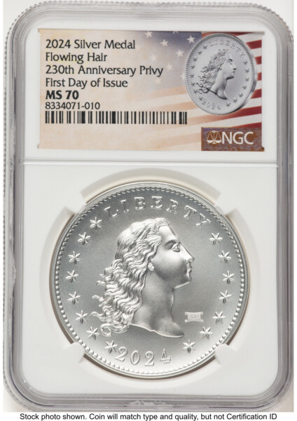 2024-(P) Silver 230th Anniversary Flowing Hair Medal Privy Mark FDI Flowing Hair Label 70 NGC