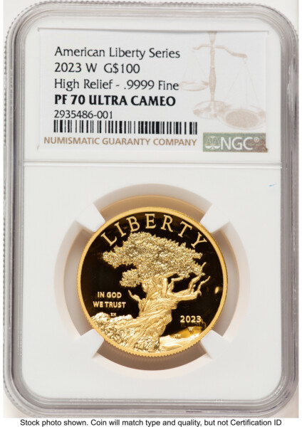 2023-W G$100 American Liberty High Relief, DC Brown Label 70 NGC