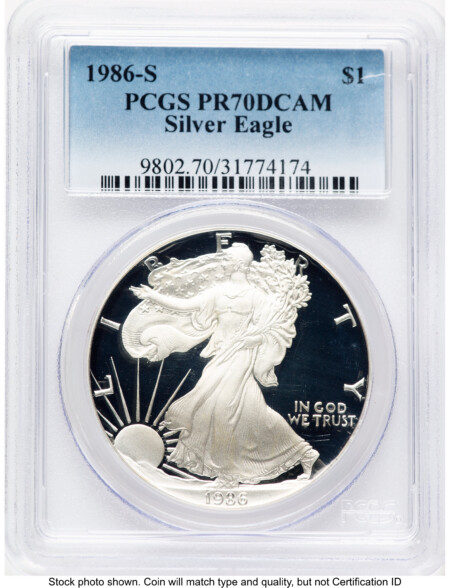 1986-S Proof Silver Eagle 1 oz Blue Gradient 70 PCGS