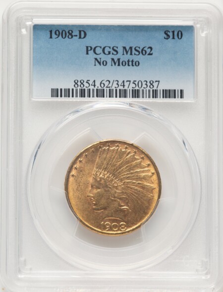 1908-D $10 NO MOTTO 62 PCGS