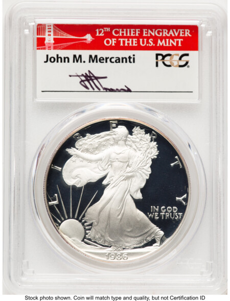 1986-S Proof Silver Eagle 1 oz John Mercanti Bridge 70 PCGS