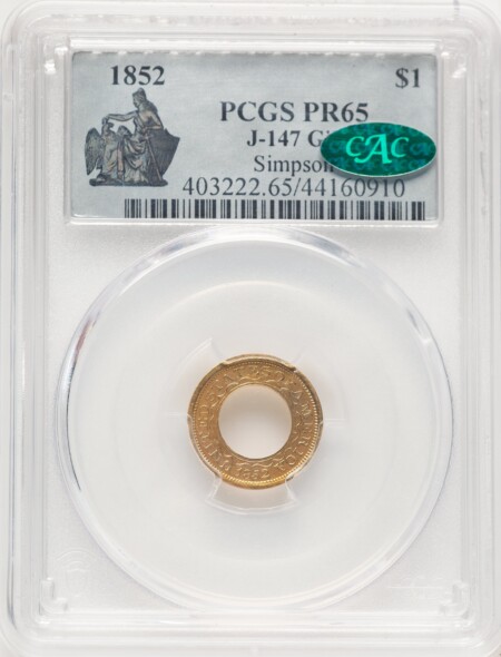 1852 $1 Judd-147, Gilt, PR CAC 65 PCGS