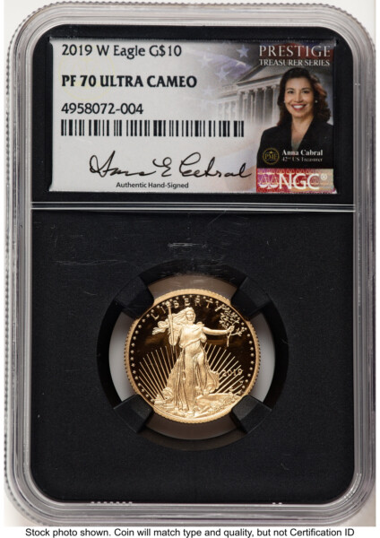 2019-W Proof Gold Eagle 1/4 oz Anna Cabral Prestige Treasurer Series Blk Core 70 NGC