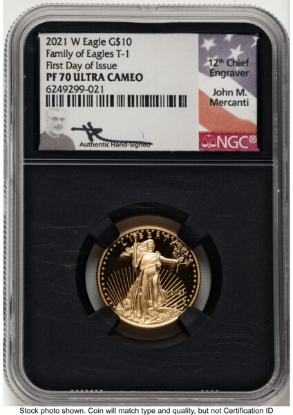 2021-W Type 1 Proof Gold Eagle 1/4 oz FDI John Mercanti Blk Core 70 NGC