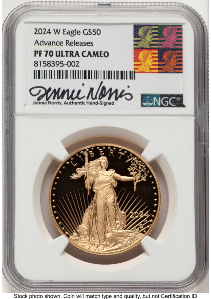 2024-W Proof Gold Eagle 1 oz AR Jennie Norris Reagan Bust Art 70 NGC