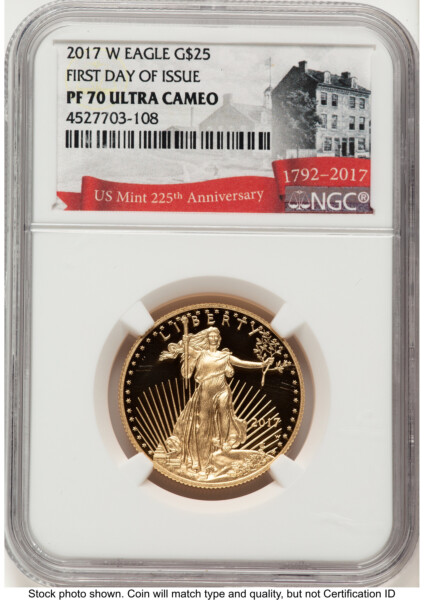 2017-W Proof Gold Eagle 1/2 oz FDI 225th Anniversary Label 70 NGC