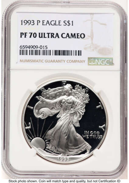 1993-P Proof Silver Eagle 1 oz Brown Label 70 NGC