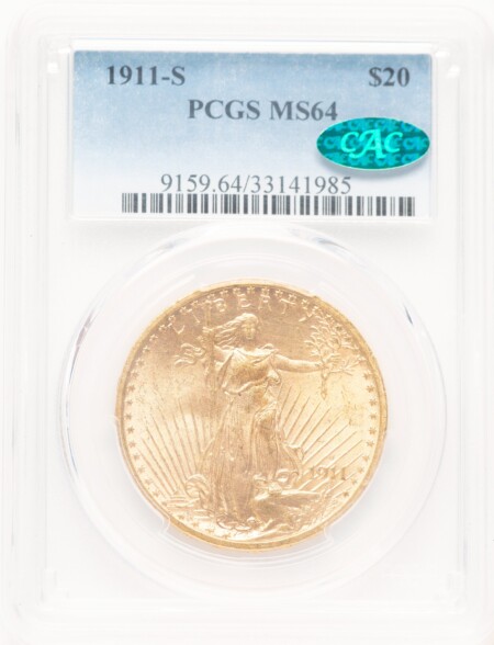 1911-S $20 CAC Blue Gradient 64 PCGS