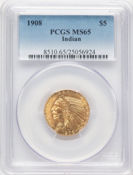 1908 $5 Indian, MS Blue Gradient 65 PCGS