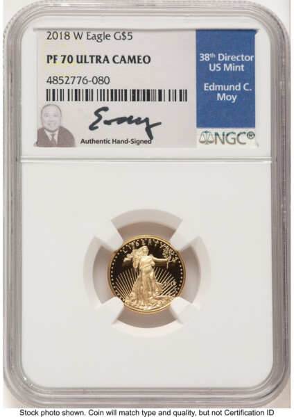 2018-W Proof Gold Eagle 1/10 oz Ed Moy 70 NGC