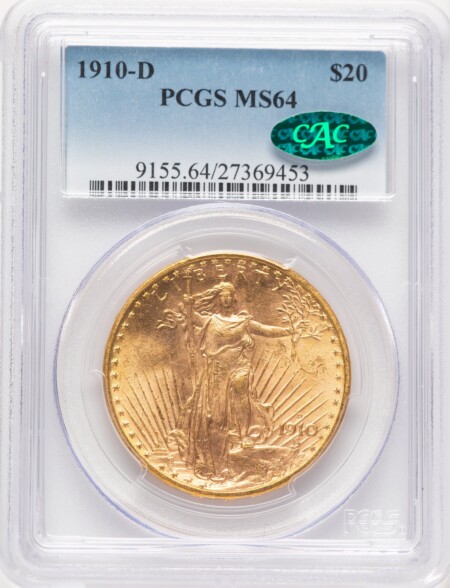 1910-D $20 CAC Blue Gradient 64 PCGS
