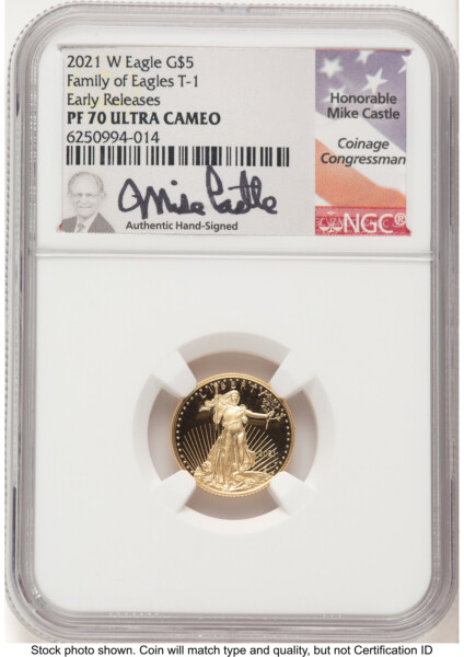2021-W Type 1 Proof Gold Eagle 1/10 oz ER Mike Castle 70 NGC