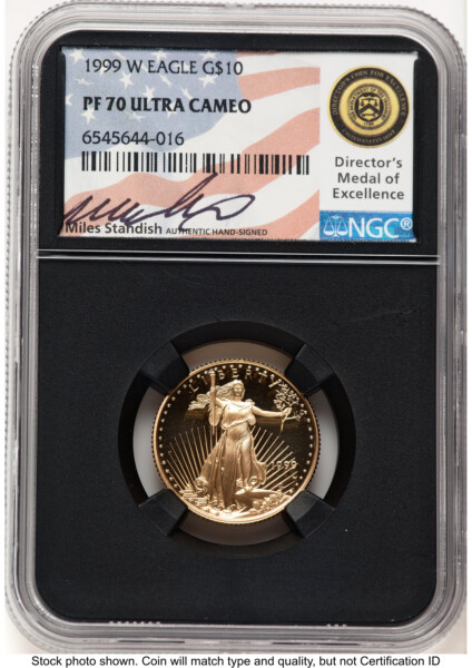 1999-W Proof Gold Eagle 1/4 oz Miles Standish Blk Core 70 NGC