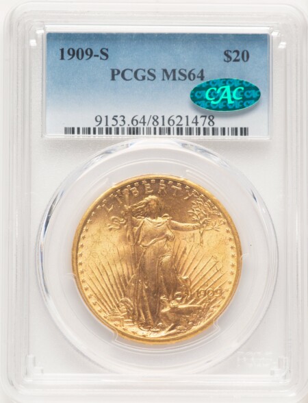 1909-S $20 CAC Blue Gradient 64 PCGS