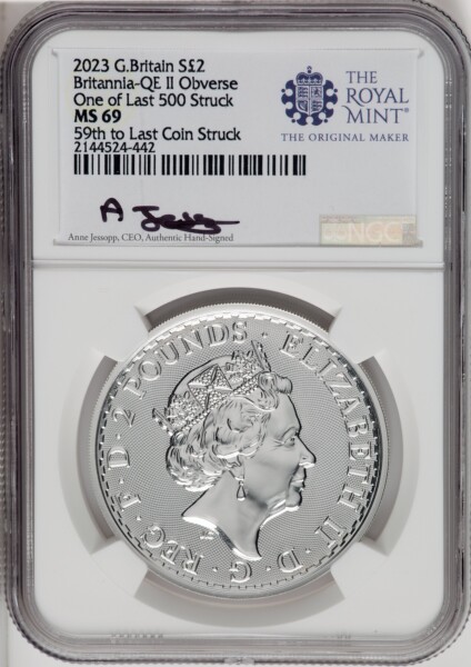 2023 G.B. S2 BRITANNIA-QE II OBVERSE 50TH TO LAST COIN STRUCK 69 NGC