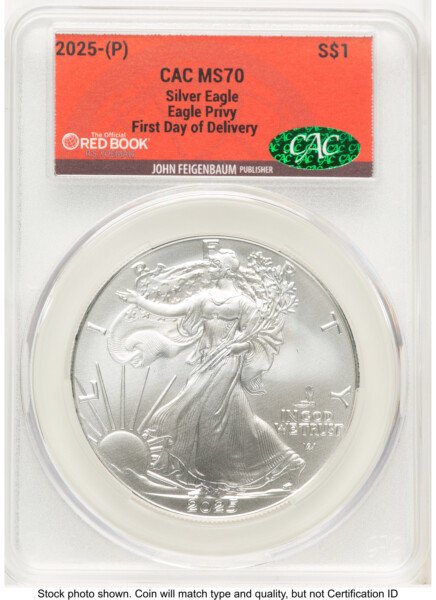 2025 Silver Eagle (Privy Mark) First Day of Delivery Red Book 70 CACG