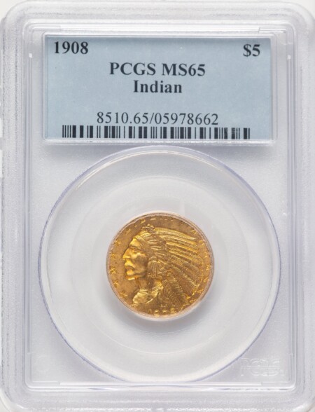 1908 $5 Indian, MS 65 PCGS