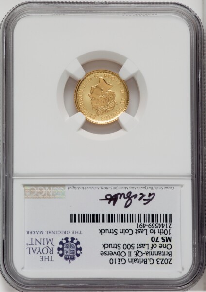 2023 G.B. G10 BRITANNIA-QE II OBVERSE 10TH TO LAST COIN STRUCK 70 NGC