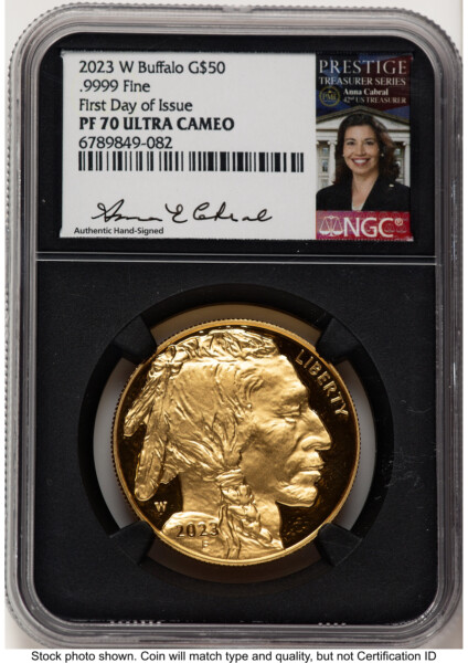 2023-W Proof Gold Buffalo 1 oz FDI Anna Cabral Prestige Treasurer Series Blk Core 70 NGC
