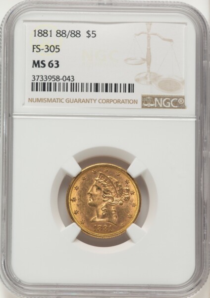 1881 $5, RPD, FS-305, MS 63 NGC