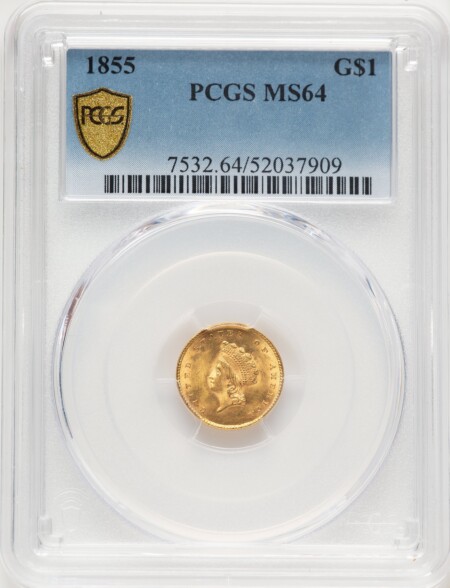 1855 G$1 Type Two, MS PCGS Secure 64 PCGS