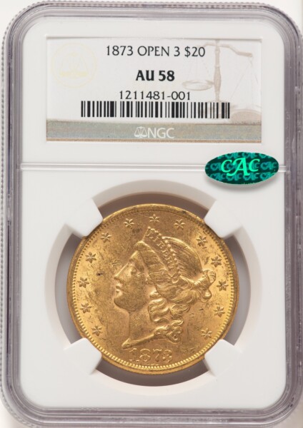 1873 $20 OPEN 3 CAC 58 NGC